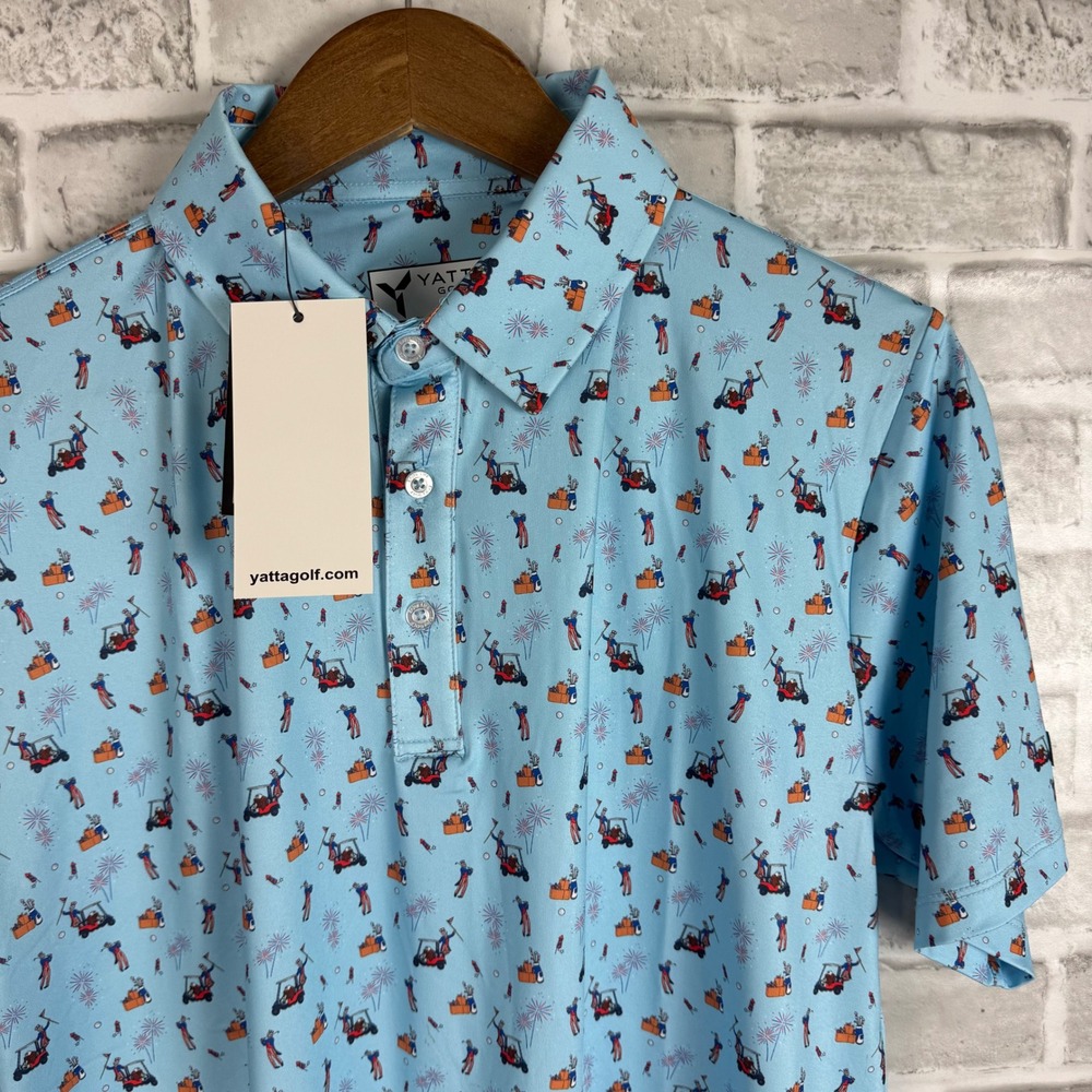 Yatta Golf Polo Mens Medium Uncle Sam Blue Patriotic Golf Cart Fireworks NWT